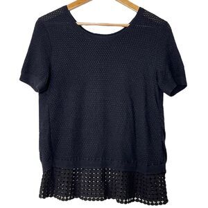 Sachi & Babin Black Sweater Short Sleeves Crew Neck Eyelet Layered Anthro Small
